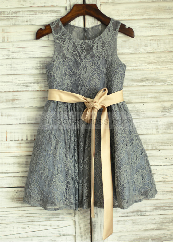Gray Lace With Champagne Sash Flower Girl Dress 